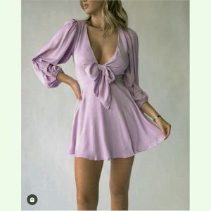 SAINTS + SECRETS Mauve Tie Front Puff Sleeve Brunch Date Mini Dress sz M Women's